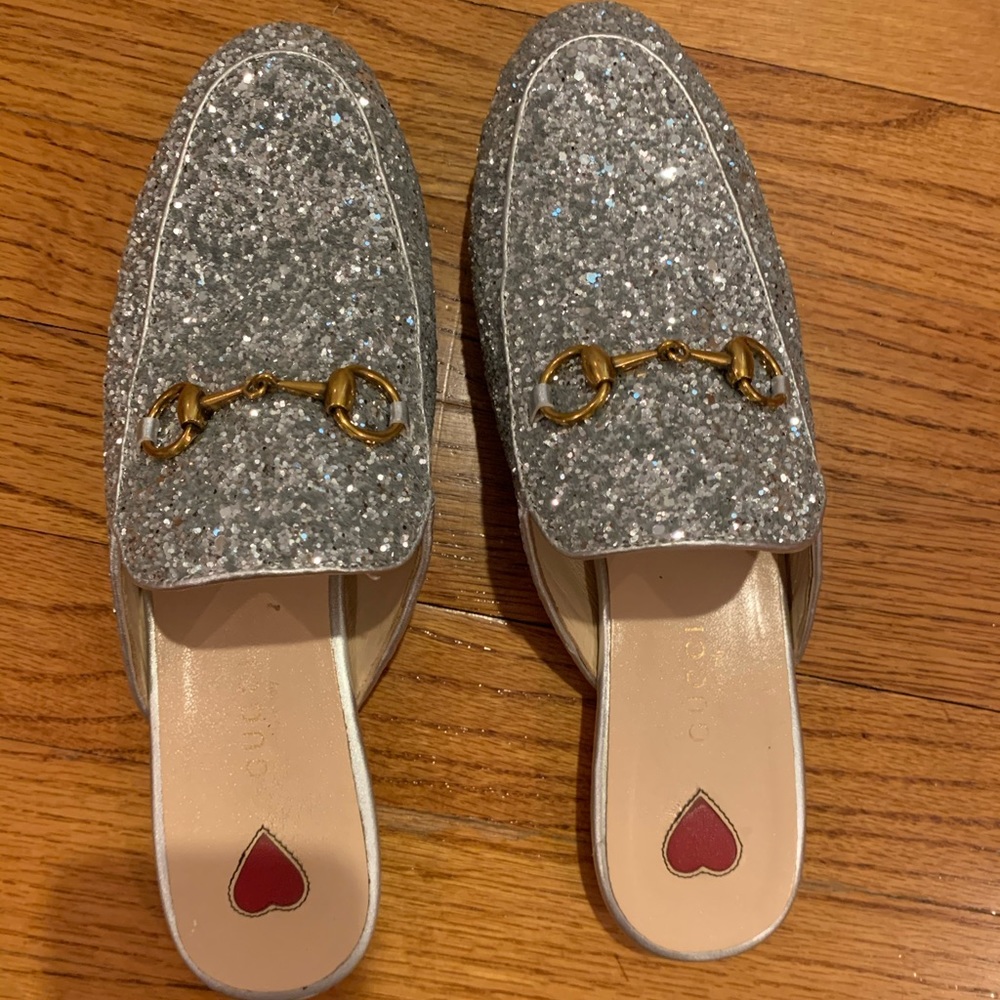 Gucci Silver Glitter Loafers with Gold Accents